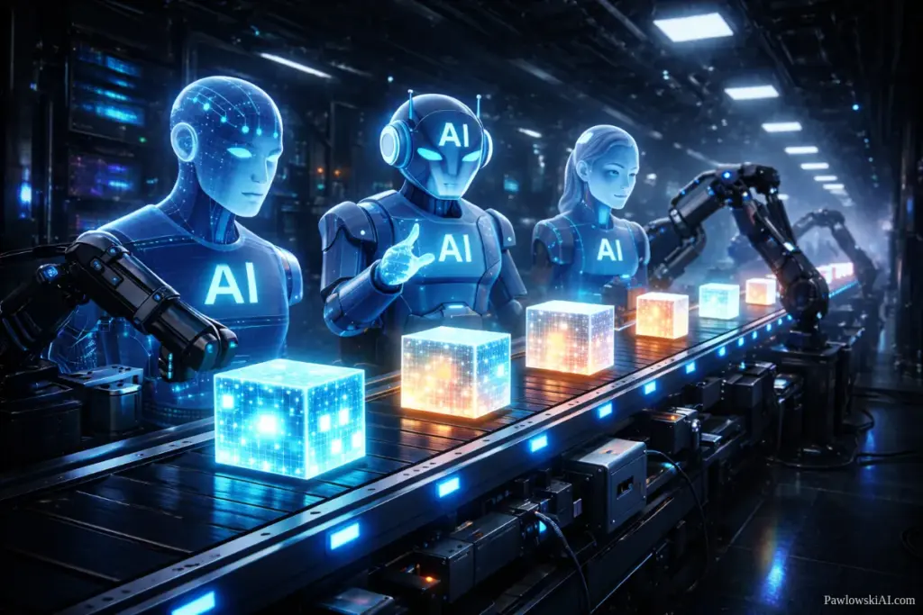Three holographic AI Agents working on the futuristic assembly line taking care of data cubes