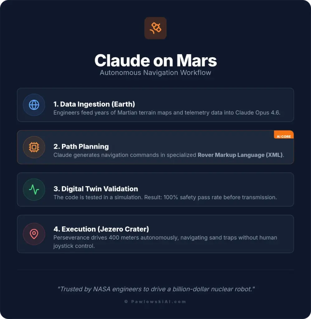 Infographic illustrating the workflow of Claude Opus driving the Mars Rover from Earth data to Jezero Crater execution