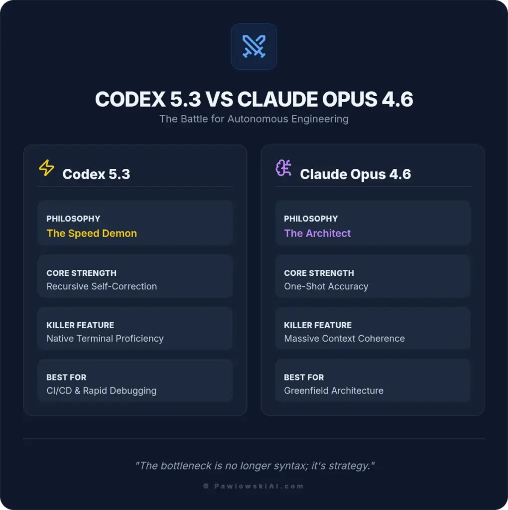 Infographic comparing Codex 5.3 vs Claude Opus 4.6 features