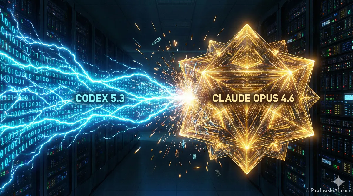 Digital illustration of Codex 5.3 vs Claude Opus 4.6 as two distinct AI entities, one representing speed and the other architectural depth.