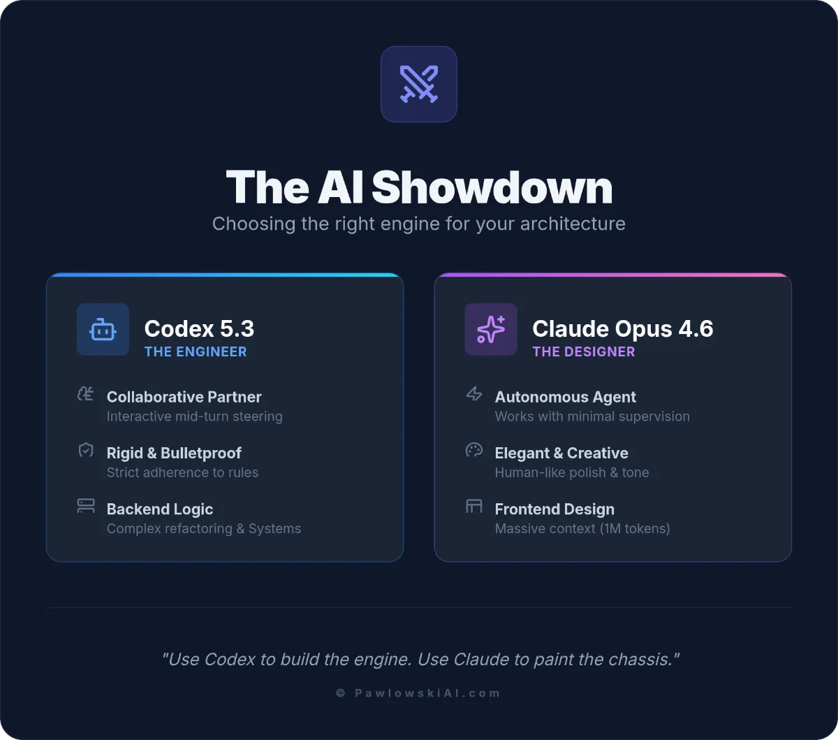 Infographic comparing Codex 5.3 vs Claude Opus 4.6 for the Codex 5.3 Beginner's Guide
