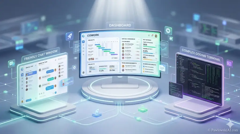 Anthropic ecosystem featuring Claude Chat, Code, and Cowork